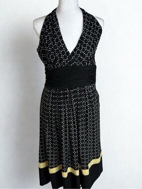 Evan Picone Black and White Halter Polka Dot Dress with Yellow Hem